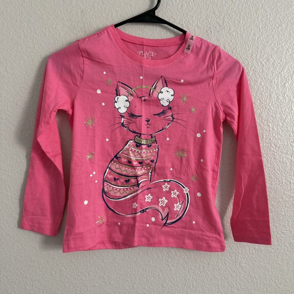 The Children's Place Girls Pink Cat T-Shirt Long Sleeve 7/8 Medium Sassy NWT
